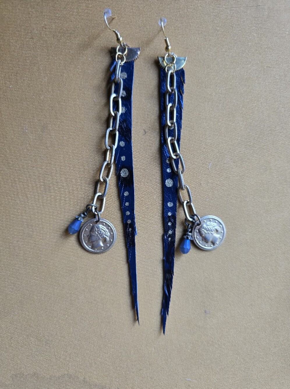 New Long Navy Blue Leather Chain & Coin Drop Earrings Boho Native Handmade